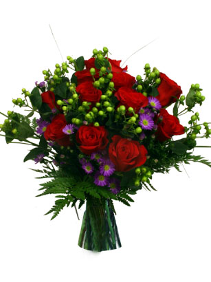Desire - Red Roses & Berries Bouquet - Red roses convey heartfelt emotion. This sultry bouquet is filled with tons of emotion. Red, purple, and green colors work together for a look that's full of passion. 

Farm fresh red roses serve as the focal flowers. We accent the arrangement with purple asters and green hypericum berries. This bouquet is the flower equivalent of giving someone a big hug and kiss. It's filled with desire and shows how much you love the one you're sending flowers to. 

Order your red roses bouquet by 1:00 pm EST for FedEx next day delivery Tuesday through Saturday. Vases and other special items are available during checkout. Overnight delivery Tuesday - Friday is $10.99, Saturday is $19.99. 

Place an order now to send passion and desire to someone you love. 

Satisfaction with your flowers is guaranteed. All of our flower bouquets are shipped farm fresh. Your flowers come hand-tied, budding, and ready to make someone smile.<br><br>Code:10067-1949-10067-0000082854